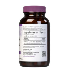 Close up of BlueBonnet Vitamin D3 label on softgel bottle.