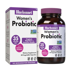 BlueBonnet Women's Probiotic bottle on a shelf supports digestive, urinary and vaginal health.