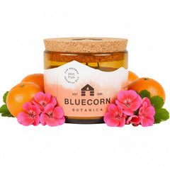 Bluecorn Beeswax large 3-wick candle in amber glass for a warm, long-lasting glow.
