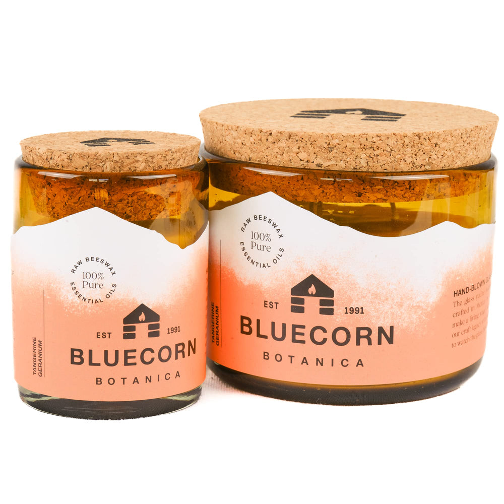 Bluecorn Beeswax candle with Tangerine Geranium aroma for bright space notes.