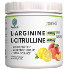 BlueEarth L-Arginine and L-Citrulline powder bottle close-up showing the supplement.