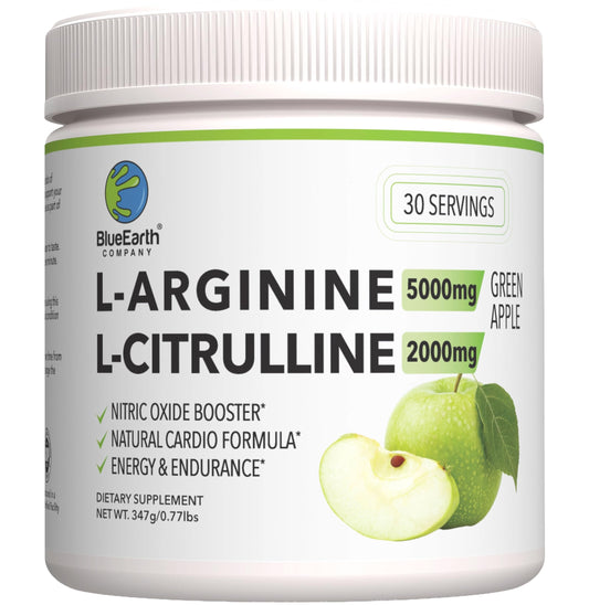 BlueEarth Company green apple powder tub; refreshing daily supplement for energy and blood flow support.