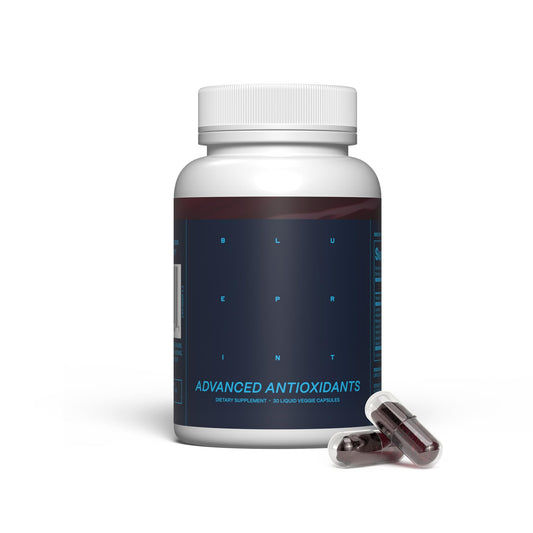 Blueprint Bryan Johnson Advanced Antioxidant bottle front with vegan capsules for vision support.