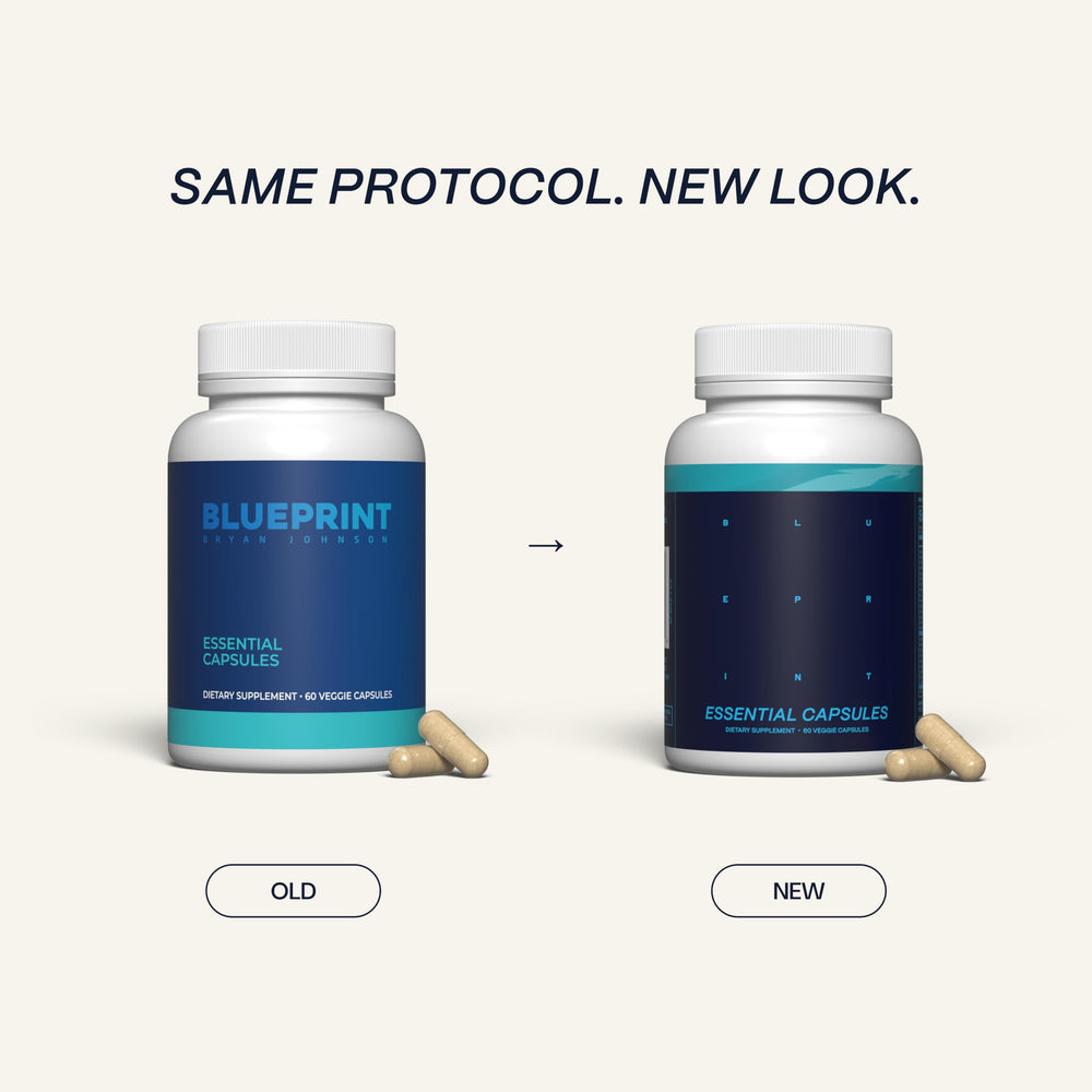 Blueprint Bryan Johnson Essential Capsules label close-up highlighting vegan and gluten-free ingredients
