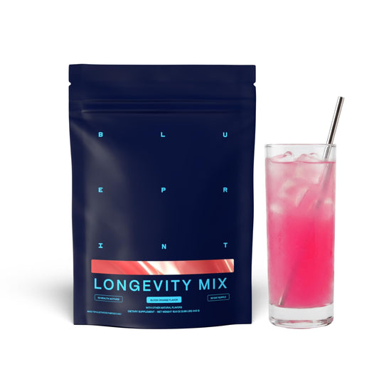 Blueprint Bryan Johnson Longevity Mix bottle shows vegan formula for daily recovery support.
