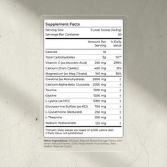 Blueprint Bryan Johnson Longevity Mix tub label highlights science-informed dosing of 13 ingredients.