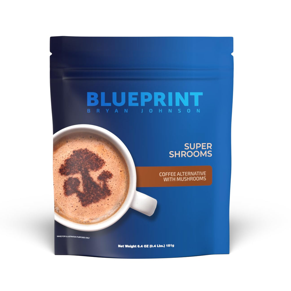 Blueprint Bryan Johnson Super Shroom Coffee bag highlights premium blend for steady focus