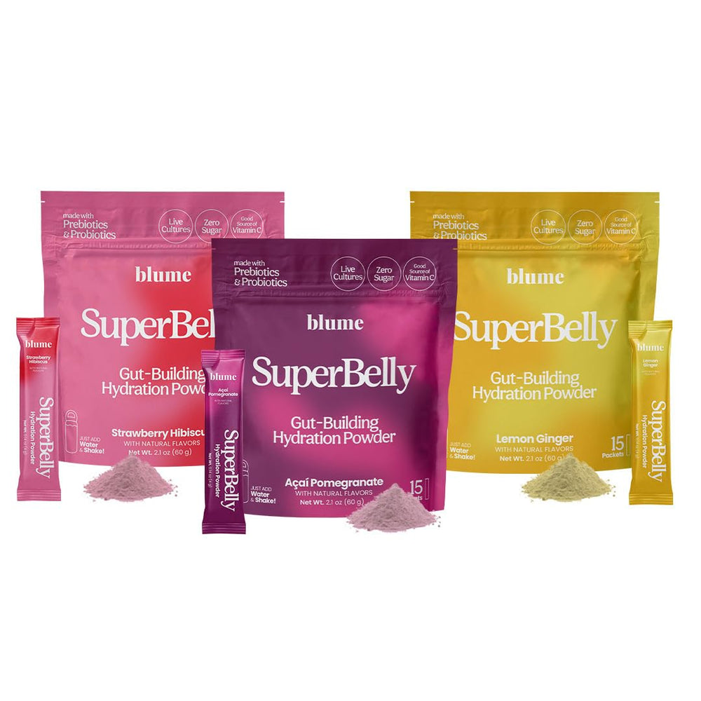 Blume SuperBelly strawberry hibiscus glass provides refreshing, sugar-free hydration.