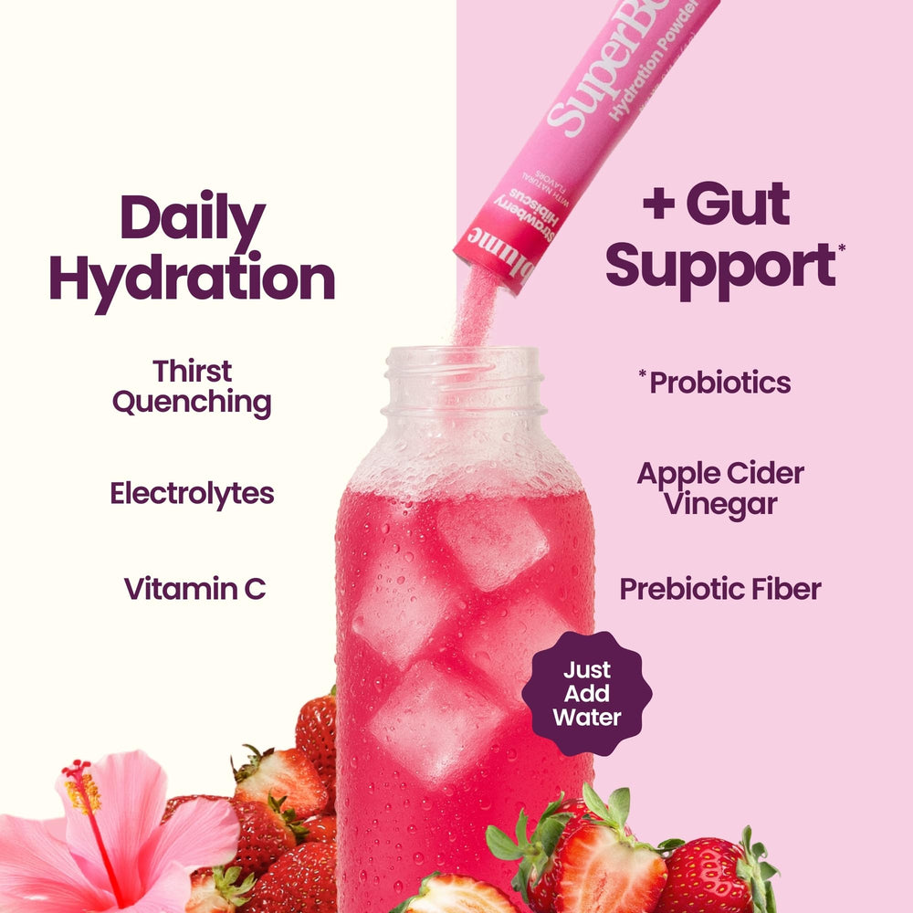 Blume SuperBelly strawberry hibiscus packet contents reveal probiotics and prebiotics.