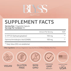 BLYSS Nutrition 5HTP + GABA bottle back label shows ingredients and quality.