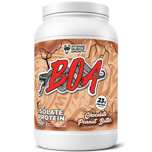 BOA Isolate Chocolate Peanut Butter scoop on a shaker, smooth pre-workout fuel.