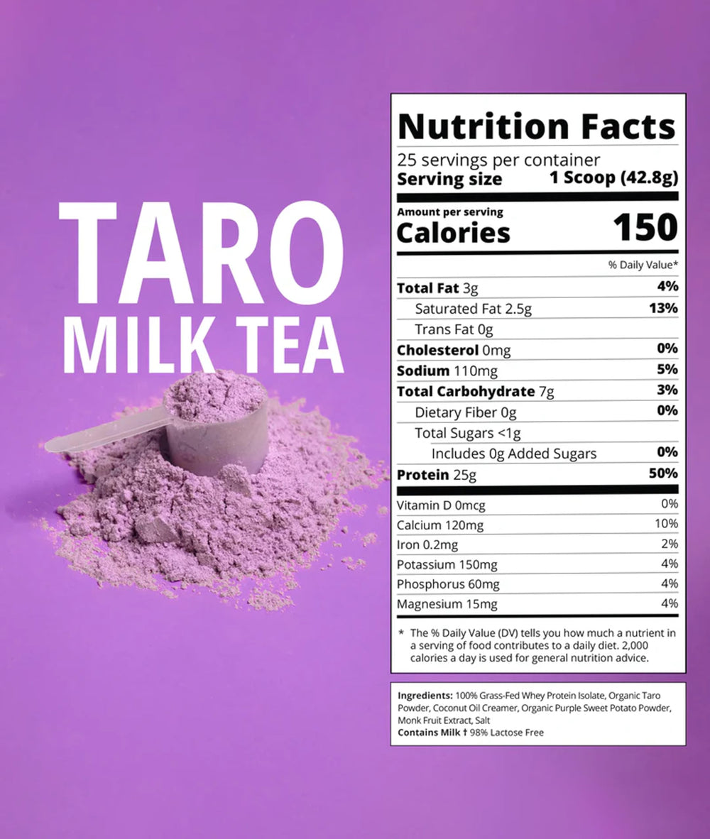 Boba Tea Protein grass-fed whey label highlights clean protein source.