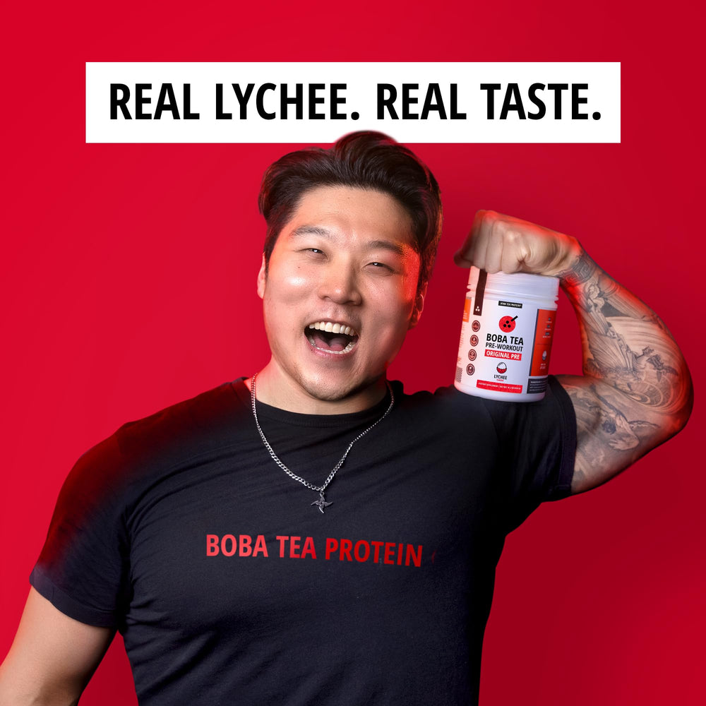 Boba Tea Protein Lychee Alpha-GPC for improved focus during workouts.