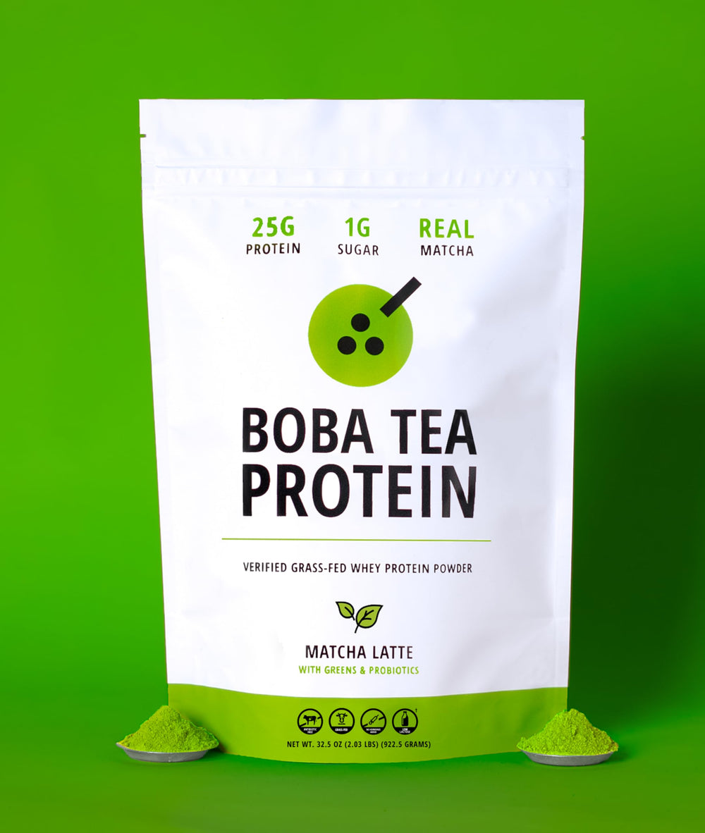 Boba Tea Protein Matcha Latte being stirred for a smooth shake.