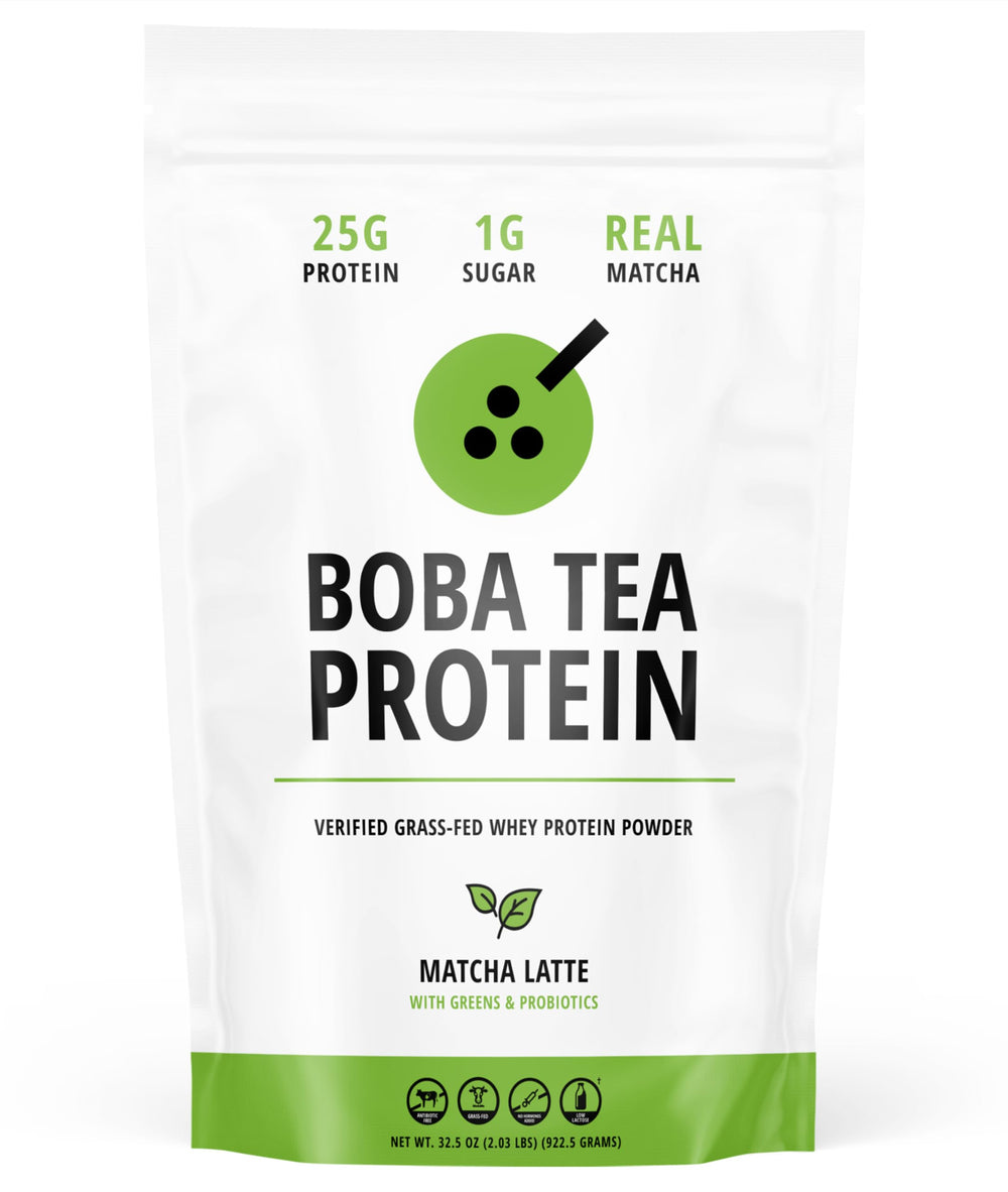 Boba Tea Protein Matcha Latte tub front, convenient protein boost for workouts.