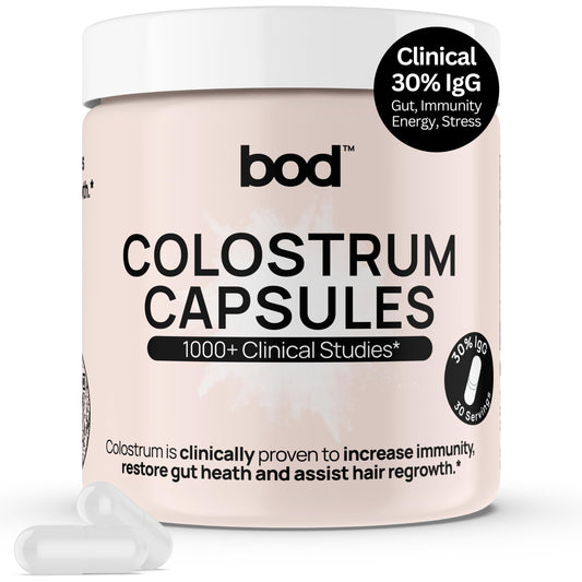 Bod Colostrum Capsules bottle front highlighting packaging and immune support potential.