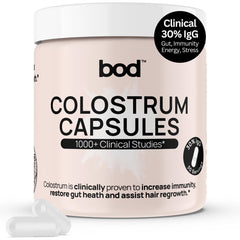 Bod Colostrum Capsules bottle front highlighting packaging and immune support potential.