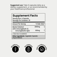 Label on Bod Colostrum Capsules noting 30 IgG content for immune support.