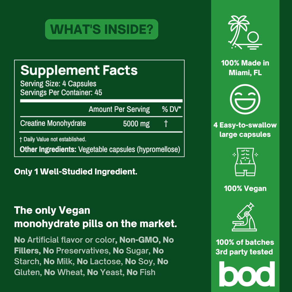 Bod creatine capsules no-mess design for convenient travel use.