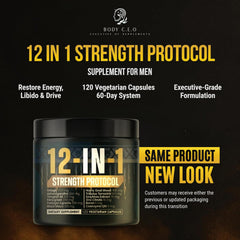 Body C.E.O. 12-in-1 Strength Protocol bottle open reveals capsules.