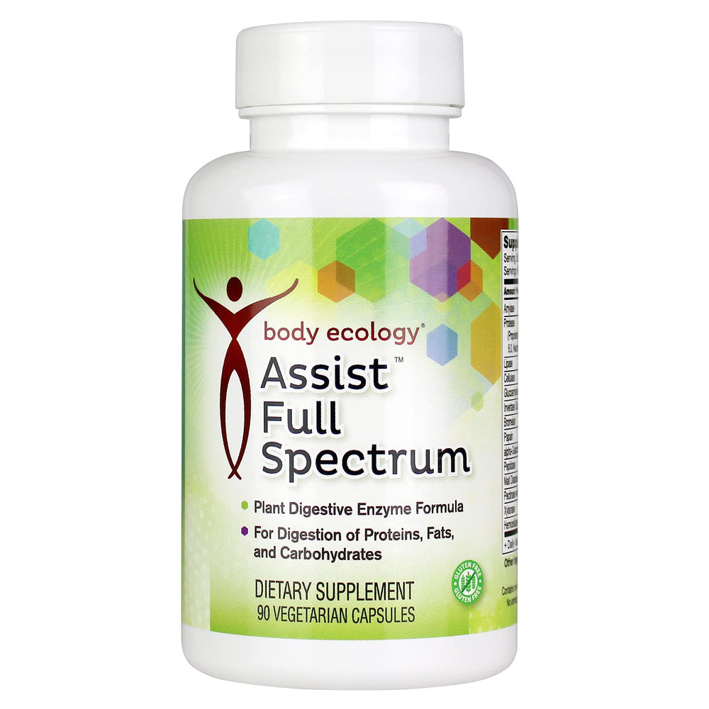 Body Ecology Assist Full Spectrum Enzymes bottle, supports digestion after meals.
