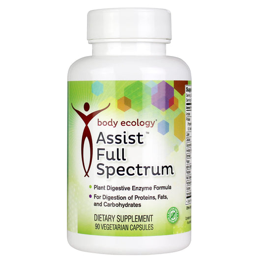 Body Ecology Assist Full Spectrum Enzymes bottle, supports digestion after meals.
