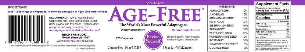 Body Force Age Free ingredients display; pure plant extracts for holistic wellness.