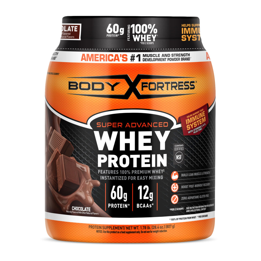Body Fortress Chocolate Whey Protein container highlights 60 g protein per two scoops for workouts.