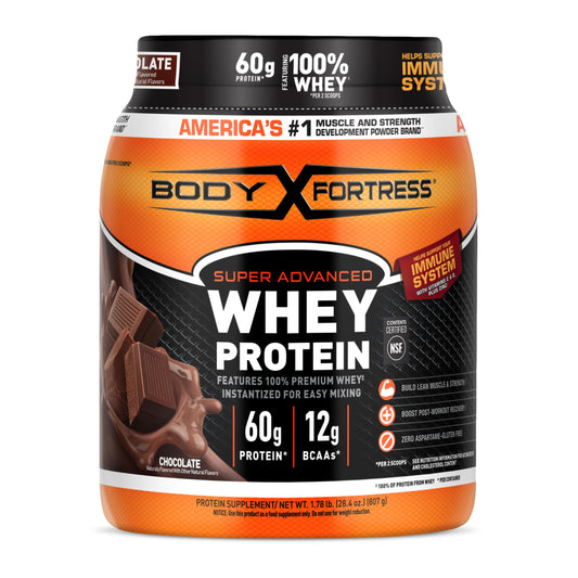 Body Fortress Chocolate Whey Protein container highlights 60 g protein per two scoops for workouts.