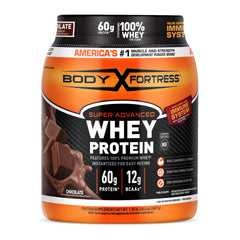 Body Fortress Chocolate Whey Protein container highlights 60 g protein per two scoops for workouts.