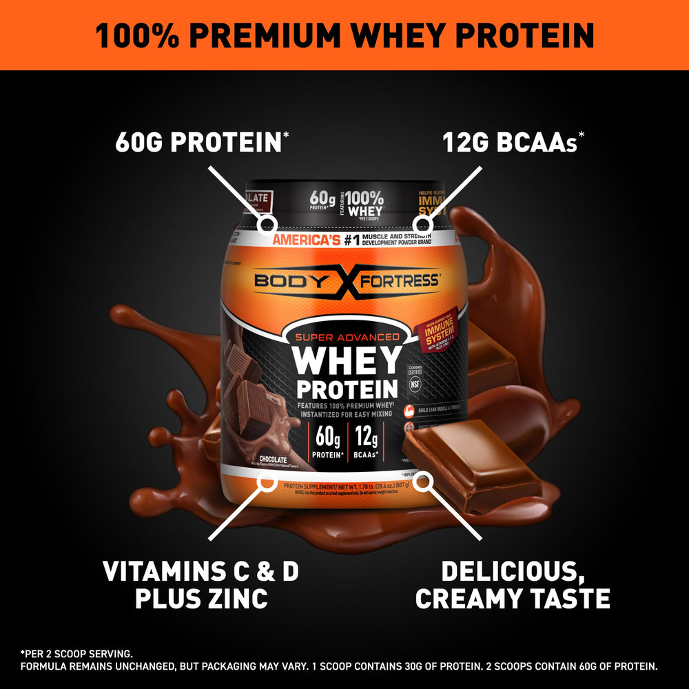 Close-up of Body Fortress Whey Protein tub emphasizes gluten-free formula.