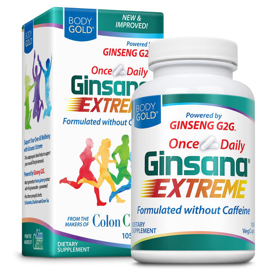 Body Gold Ginsana Energy capsules close-up, steady focus and daytime energy support.