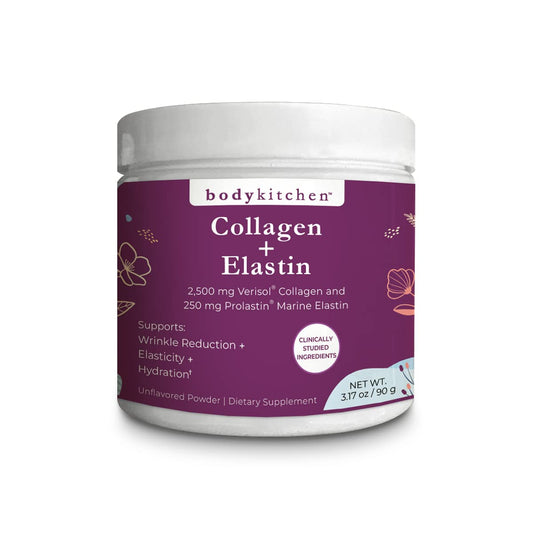 Body Kitchen Collagen Elastin powder in a bottle supports skin hydration and elasticity.