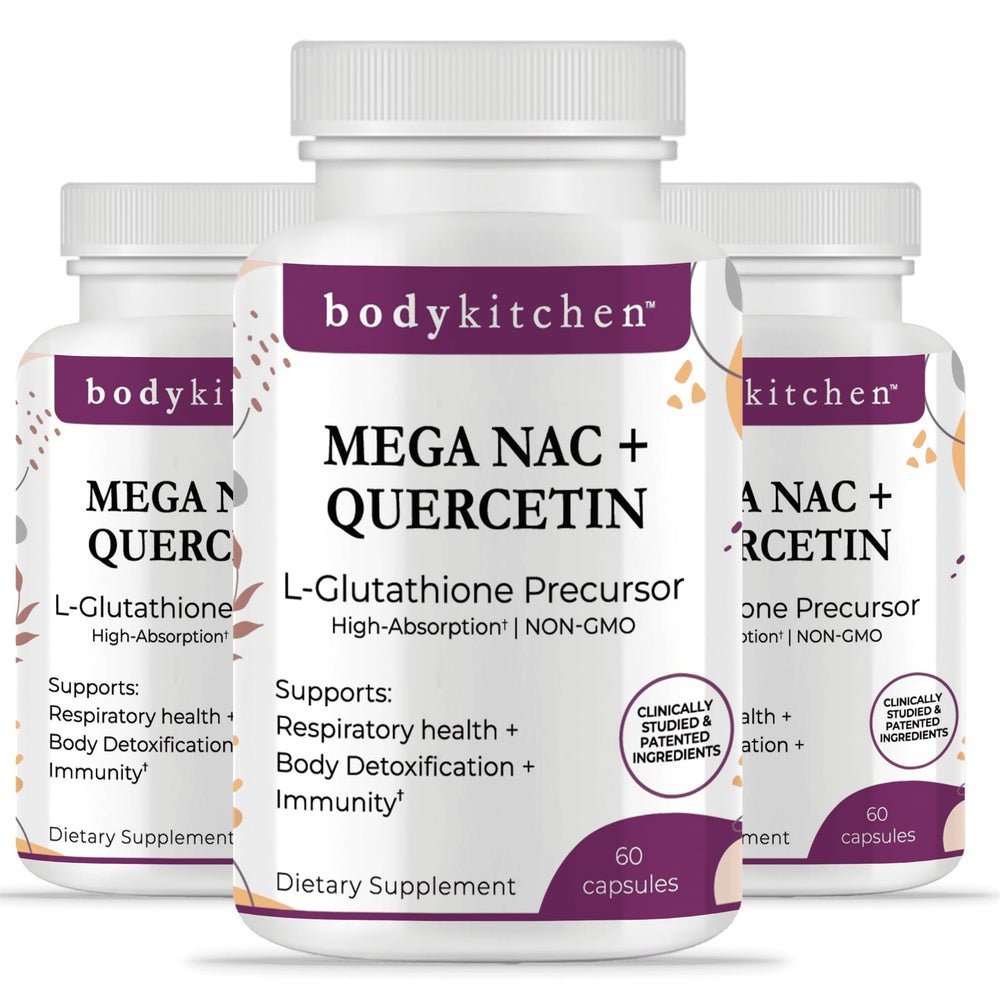 Body Kitchen Mega NAC 600mg bottle on shelf highlighting detox and respiratory support.