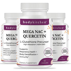 Body Kitchen Mega NAC 600mg bottle on shelf highlighting detox and respiratory support.