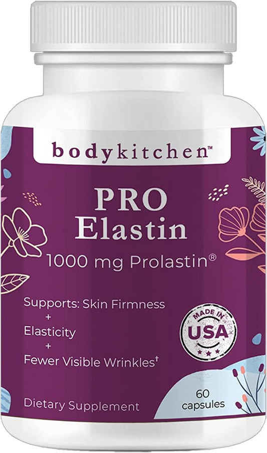 Body Kitchen Pro-Elastin bottle front highlights skin elasticity and veggie capsules