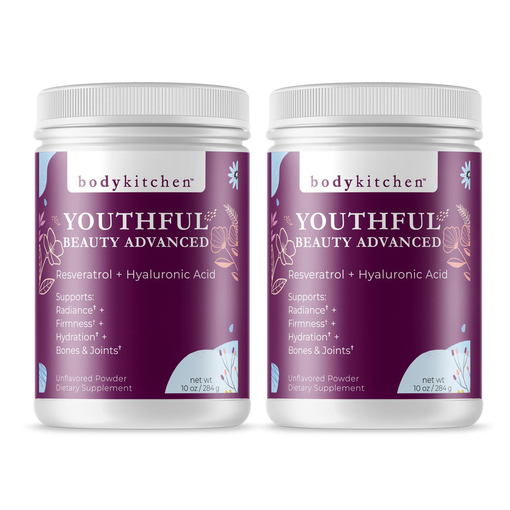 Body Kitchen Youthful Beauty Advanced powder being poured for daily skin support