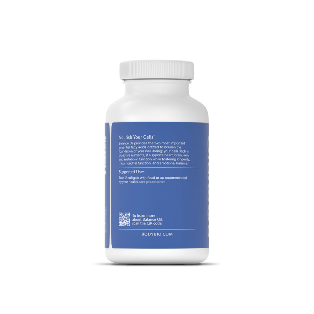 BodyBio Balance Oil close-up of flaxseed and safflower oils for balanced omegas