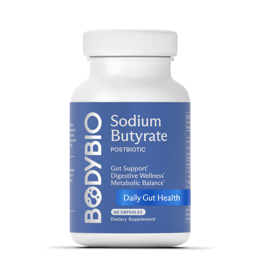 BodyBio Butyrate bottle closeup highlighting gut-friendly postbiotic support.