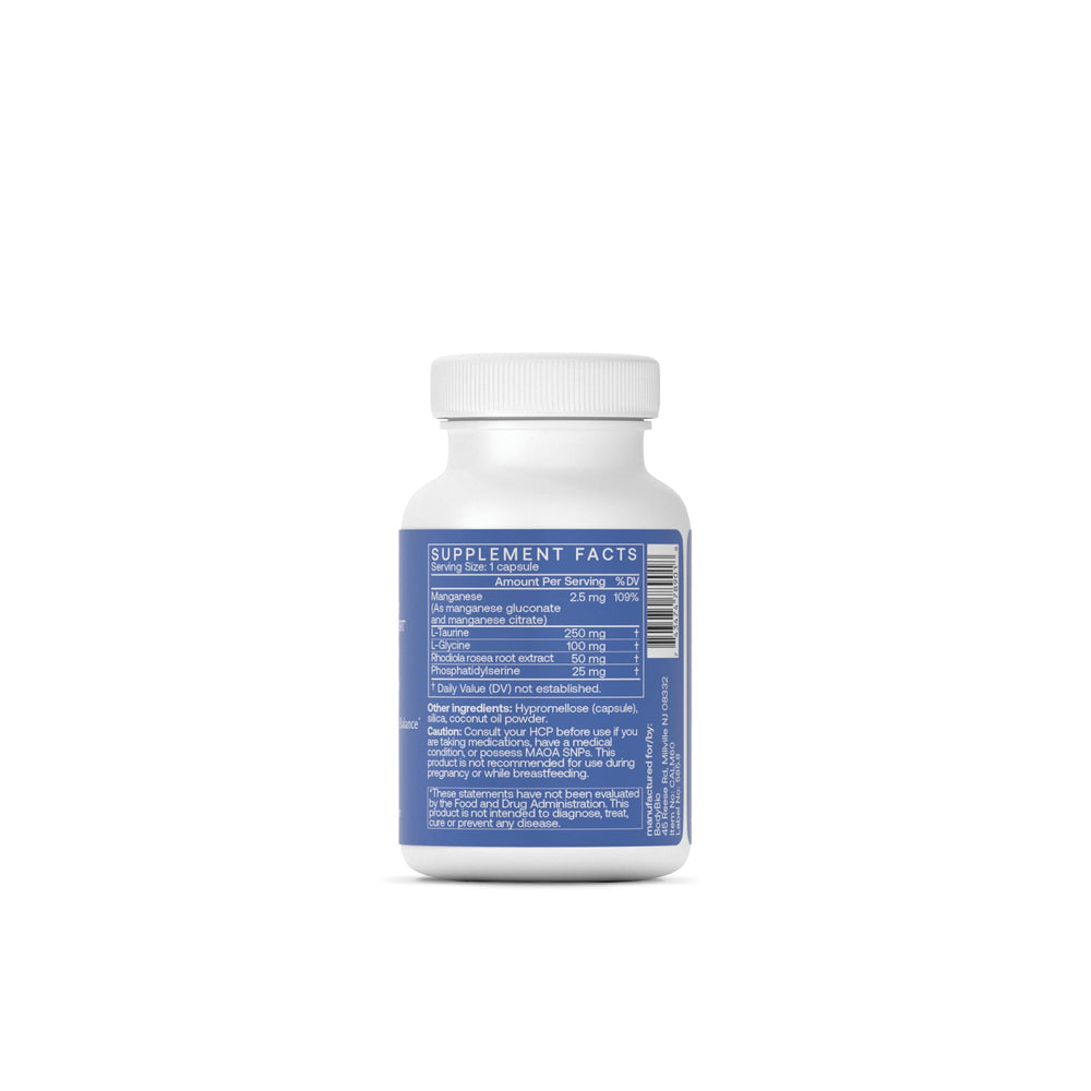 BodyBio Calm bottle back label highlighting ingredients for mood balance and focus