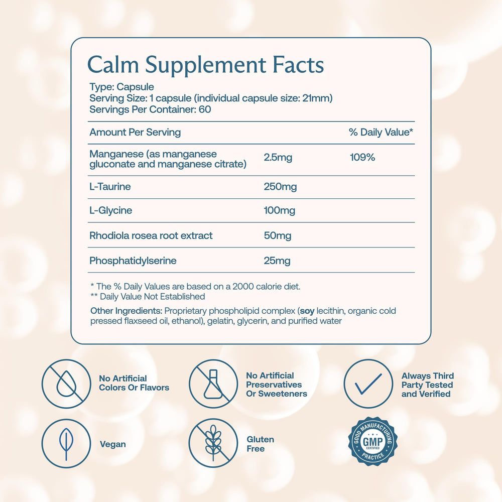 BodyBio Calm label closeup featuring Rhodiola and phosphatidylserine