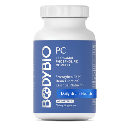BodyBio PC bottle front showing label for trusted brain support.