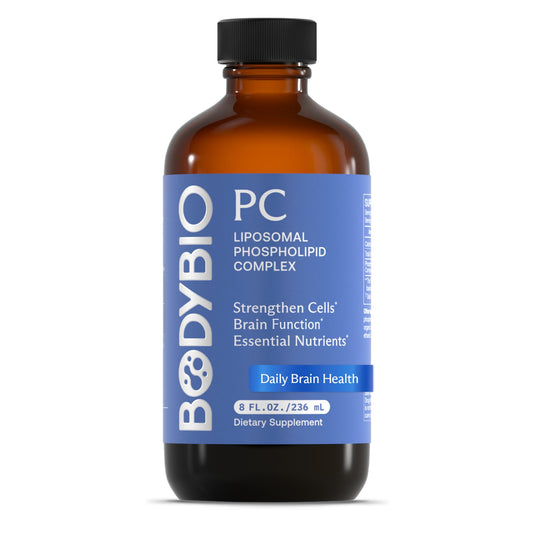 BodyBio PC bottle front view for brain health support.