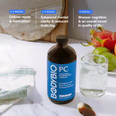 BodyBio PC bottle on a desk beside notes to suggest study focus.