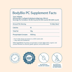 BodyBio PC bottle label with third-party testing badge for reliability.