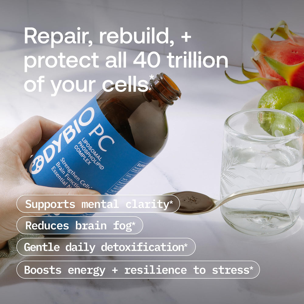 Pouring BodyBio PC bottle highlights easy dosing for daily use.