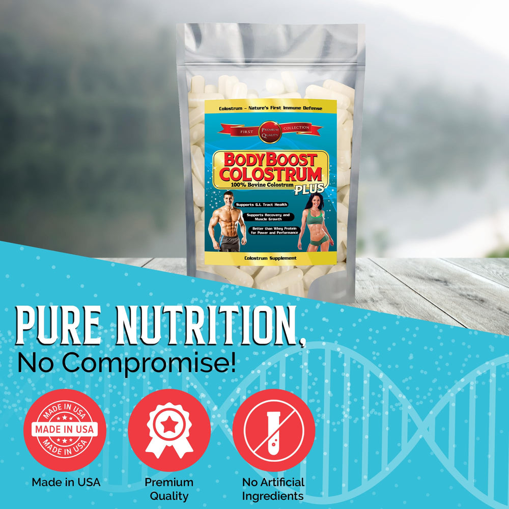 BodyBoost Colostrum Capsules grass-fed sourcing icon emphasizes quality milk origin.