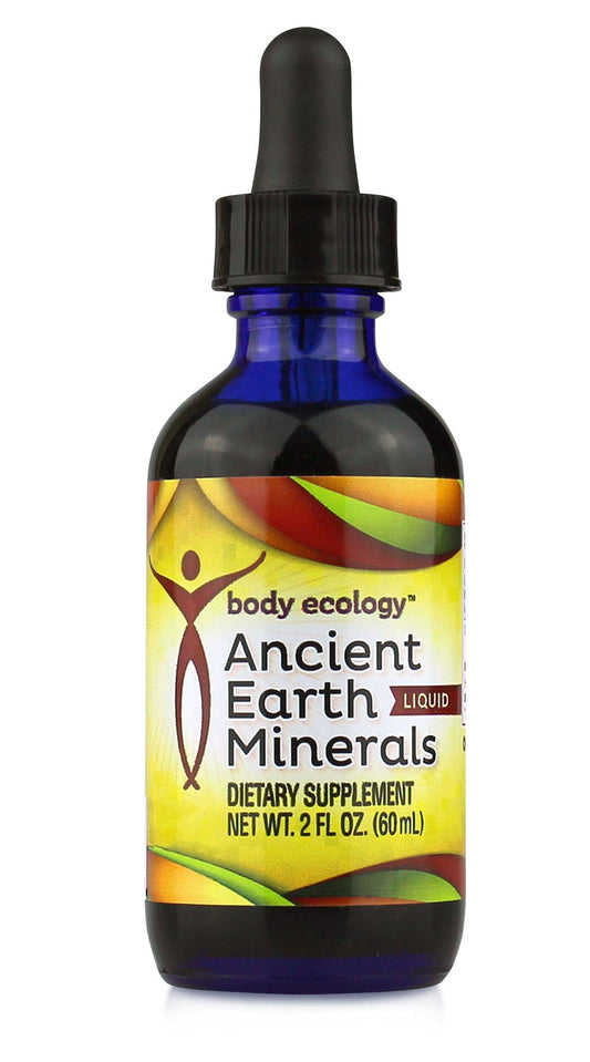 Body Ecology Ancient Earth Minerals bottle shows plant-derived minerals for daily hydration support.