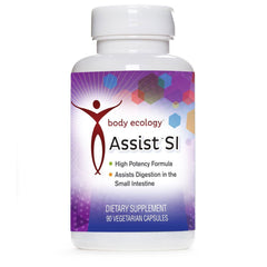 Bodycology Assist SI bottle pour illustrating digestive enzyme support during meals