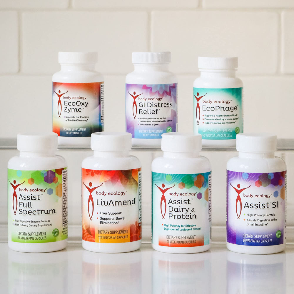 Bodycology Dairy-friendly foods on plate paired with Assist capsules.
